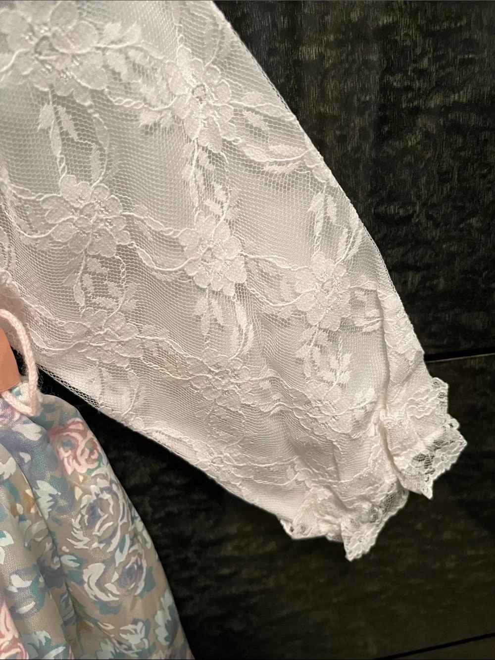 Vintage Girls White Lace & Pastel Floral Dress with Pink Sash